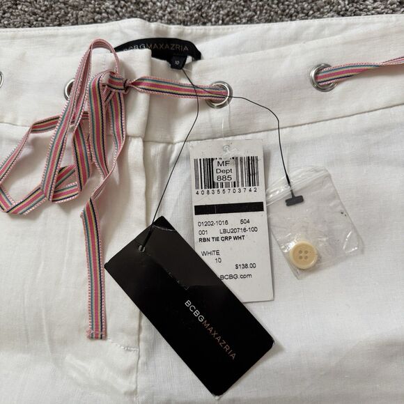BCBG MaxAzria Linen Blend White Cropped Pants Ribbon Tie Women’s Size 10 NWT - Picture 2 of 10